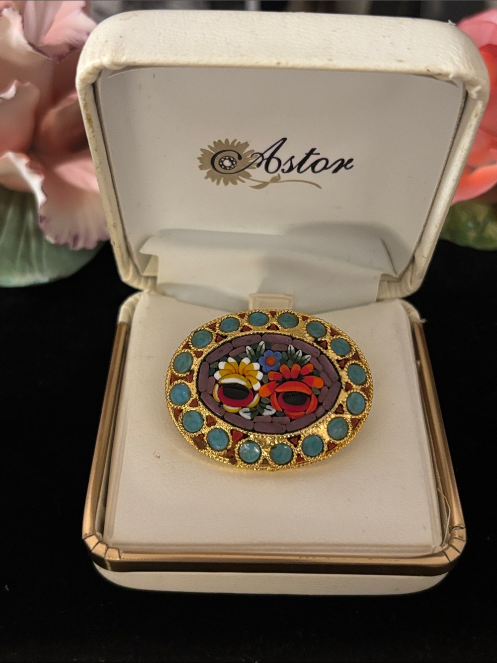 Turquoise and Multicolor Floral Micro-Mosaic Gold-Tone Brooch